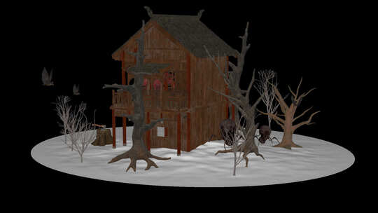 冬季恐怖场景-森林中有怪物的房子，独家，