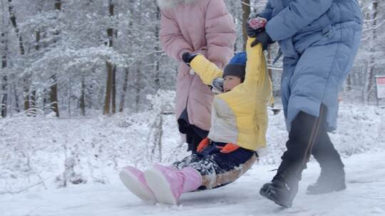 下雪天全家人打雪仗玩雪