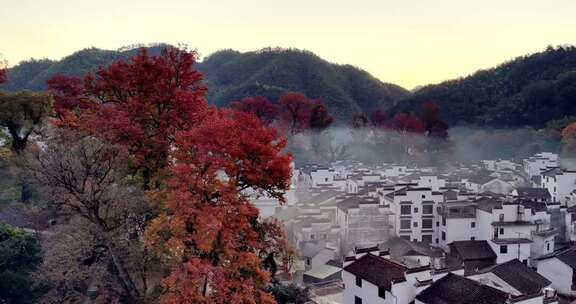 江西石城秋景红枫古村清晨航拍