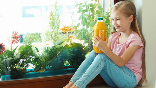 女孩拿着橙汁坐在窗台旁