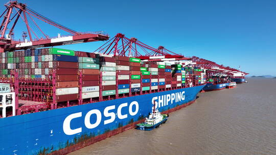 货轮停靠装卸货-上海洋山港视频素材模板下载