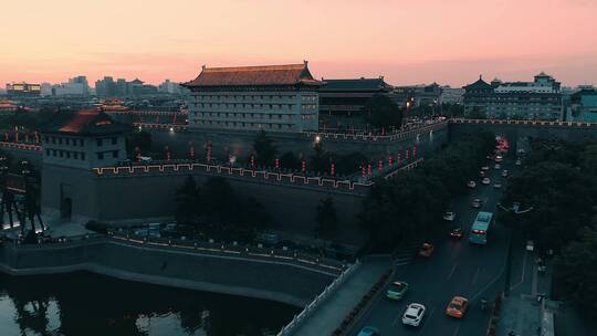 航拍西安城墙永宁门夕阳夜景