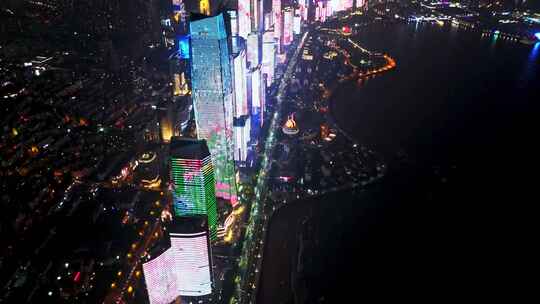 中国山东青岛城市夜景灯光秀航拍鸟瞰