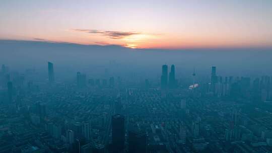 城市日出光线变化延时摄影高楼全景航拍沈阳