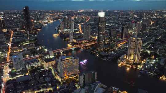 航拍泰国曼谷湄南河城市天际线夜景风光