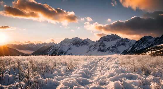 雪山云雾森林阳光树林远山峰大自然生态风景