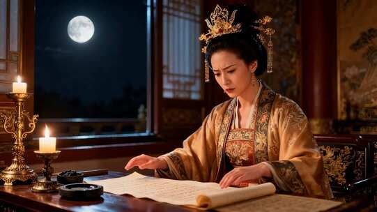 古装女子月夜伏案阅读书卷