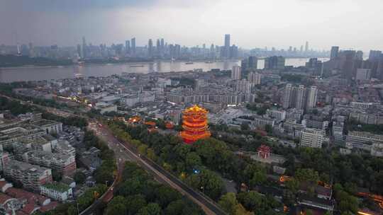 中国湖北武汉黄鹤楼夜景夜航拍