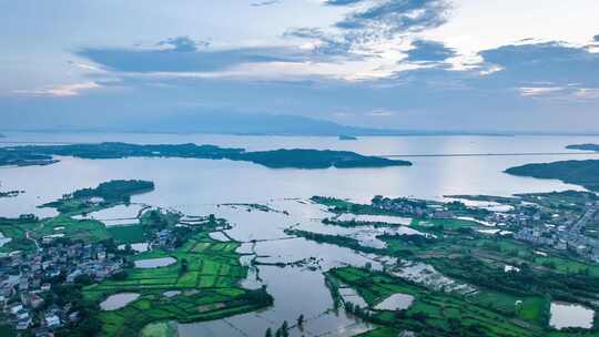 江西九江庐山脚下鄱阳湖村落高空航拍延时