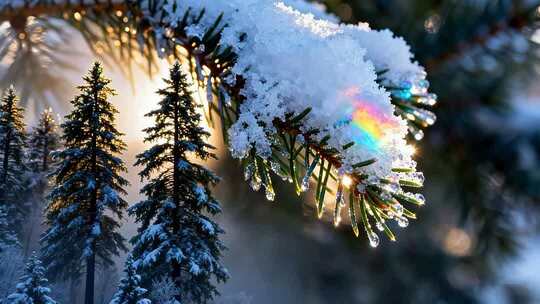 冬日森林积雪覆盖松树枝