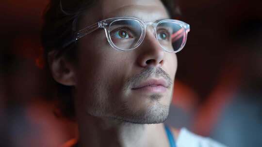 商业精英凝视屏幕洞察未来科技走向