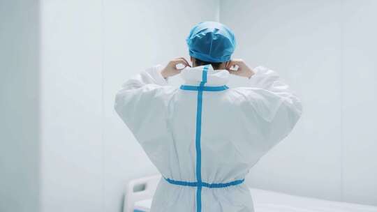 医生穿戴防护服背影