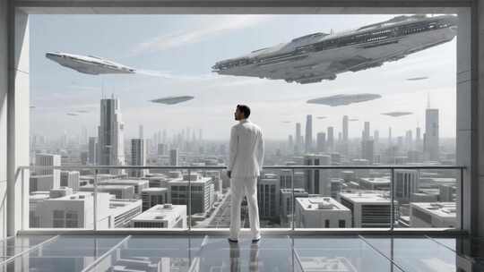 男子眺望未来城市与飞行器