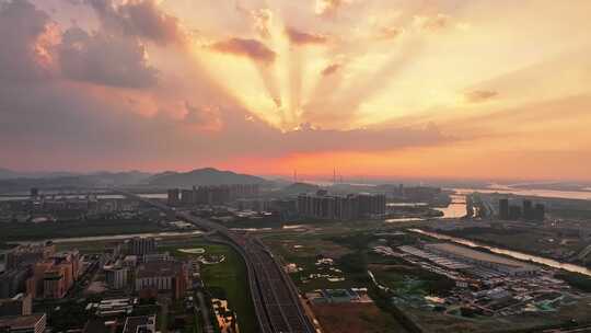 深圳中山翠亨新区深中大桥车流夜景日落航拍