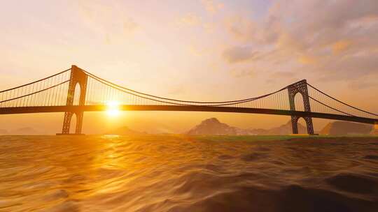 黄昏傍晚日落时分海面的跨海斜拉桥