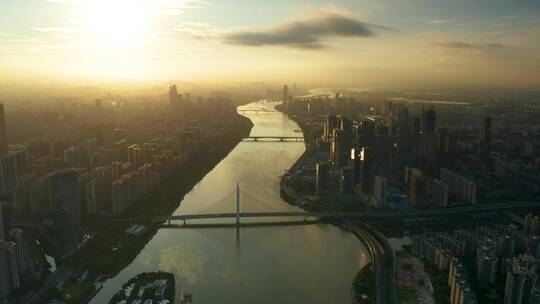 广州珠江两岸日出光芒视频素材模板下载