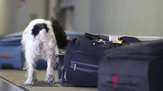 边境狗在机场嗅手提箱视频素材模板下载