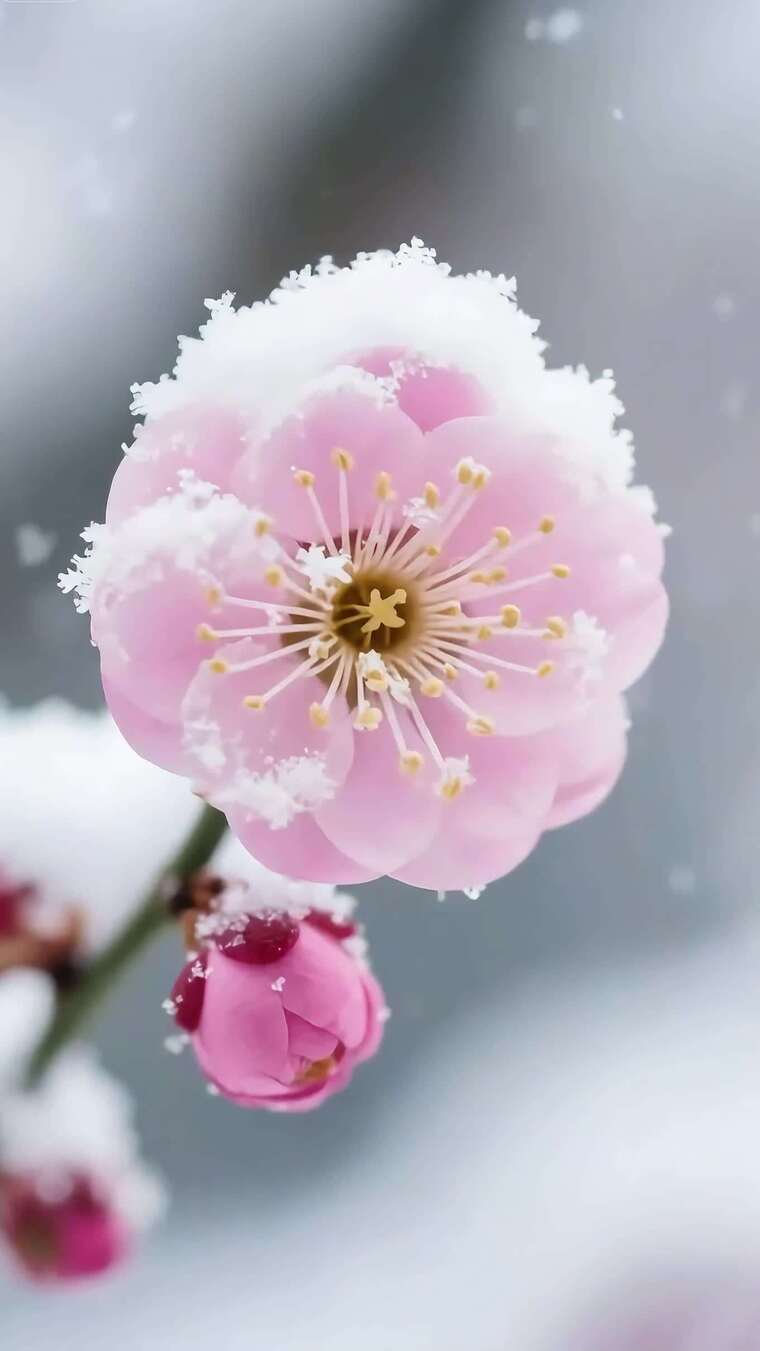 覆雪粉色梅花特写