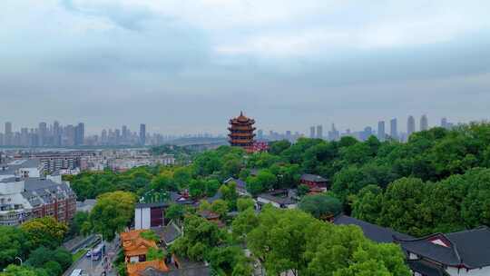 武汉首义公园黄鹤楼航拍地标建筑城市风景风视频素材模板下载