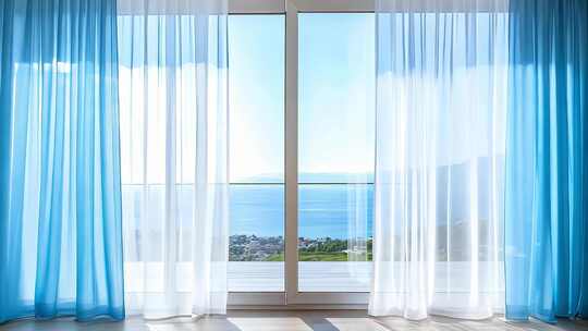 室内蓝色窗帘外海景风光