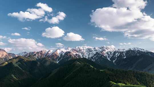 伊犁果子沟森林雪山蓝天白云延时视频素材模板下载