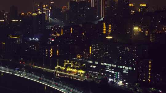 航拍重庆山城都市交通夜景