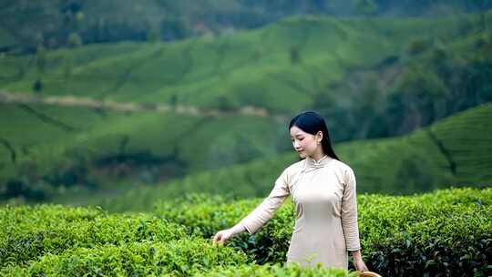 春季茶园采茶姑娘