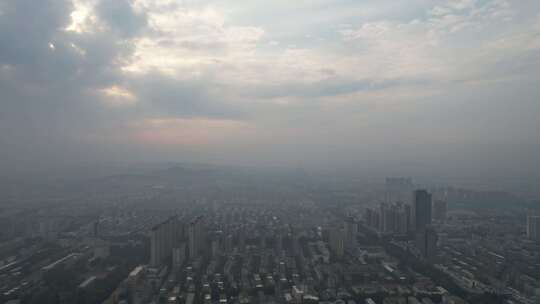山东淄博清晨城市迷雾日出彩霞航拍