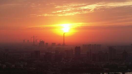 城市夕阳晚霞火烧云夜景降临山东聊城