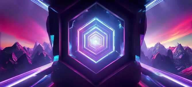 科幻六边形霓虹隧道3D场景