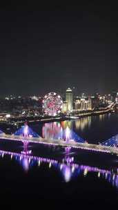 竖屏航拍江西南昌赣江朝阳大桥夜景