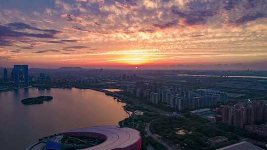 苏州金鸡湖日落晚霞夕阳航拍延时