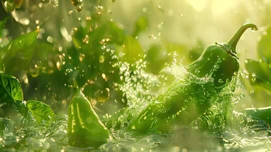 青椒入水溅起水花画面