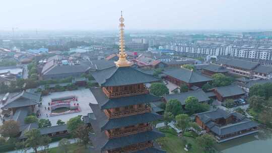 航拍上海宝山寺佛教寺院自然风光