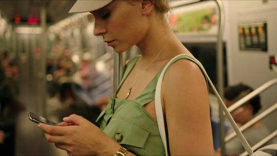 地铁上玩手机的女人