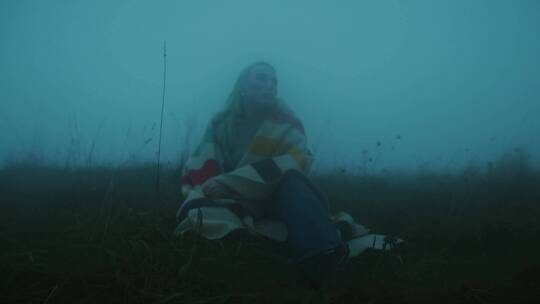女人坐在田野的雾里视频素材模板下载