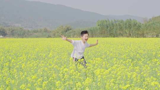 油菜花地男孩快乐奔跑