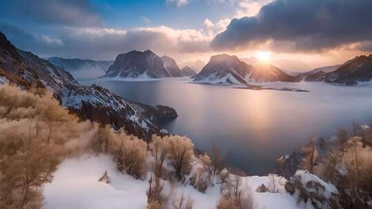 冬日雪山湖泊日出景观