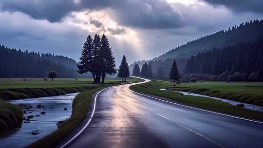 森林公路雨后阳光丁达尔治愈系风景视频