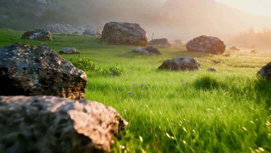 春天阳光下晨曦中的草地与岩石
