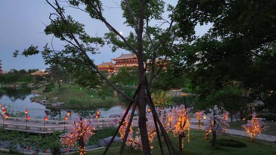 航拍九洲池夜景灯光秀古风