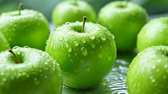 带水珠的青苹果特写