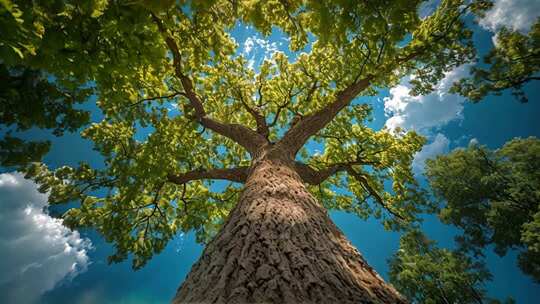 阳光透过树叶洒在大树上