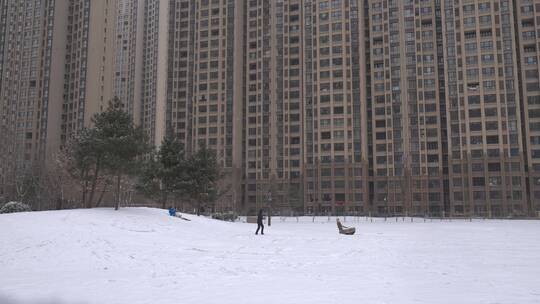 小区社区下雪雪景居民玩耍视频素材模板下载