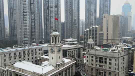 武汉江汉关大楼雪景航拍