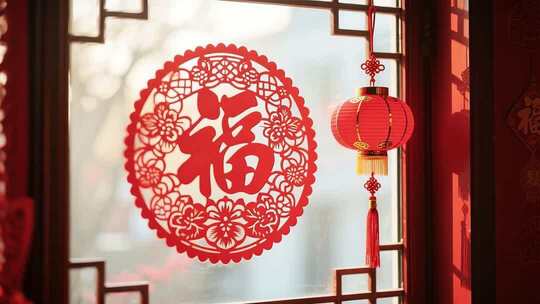 窗户上的福字剪纸与红灯笼