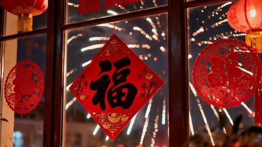 贴有福字窗花的窗户与烟花