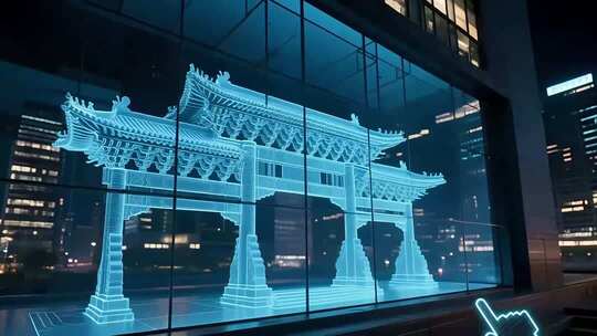 玻璃幕墙显示古风建筑光影效果