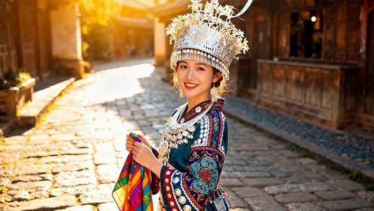 苗寨身着民族服饰的美女