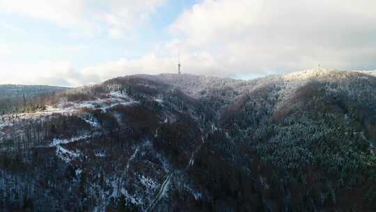山顶电视塔鸟瞰图，周围是被雪覆盖的森林